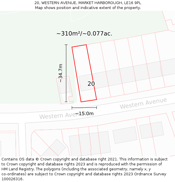 20, WESTERN AVENUE, MARKET HARBOROUGH, LE16 9PL: Plot and title map