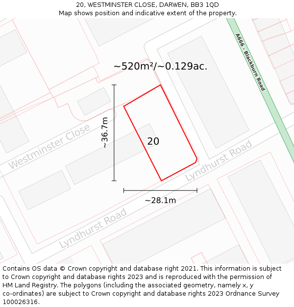 20, WESTMINSTER CLOSE, DARWEN, BB3 1QD: Plot and title map
