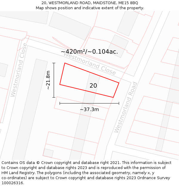 20, WESTMORLAND ROAD, MAIDSTONE, ME15 8BQ: Plot and title map