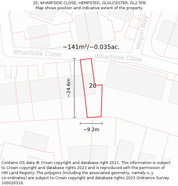 20, WHARFSIDE CLOSE, HEMPSTED, GLOUCESTER, GL2 5FB: Plot and title map