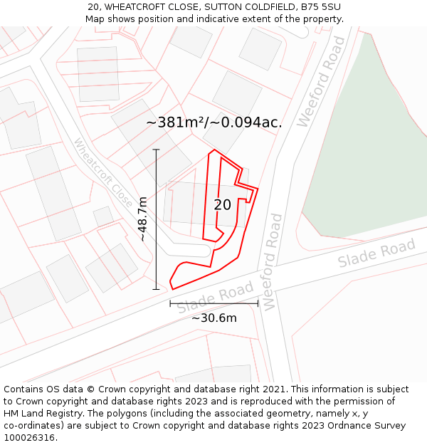 20, WHEATCROFT CLOSE, SUTTON COLDFIELD, B75 5SU: Plot and title map
