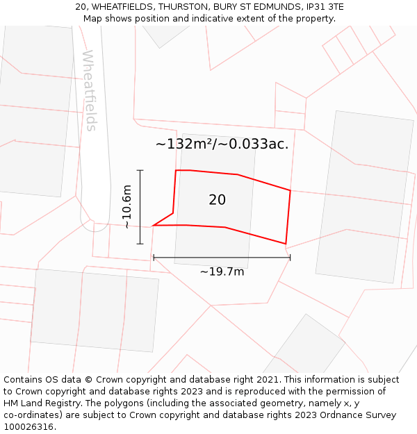 20, WHEATFIELDS, THURSTON, BURY ST EDMUNDS, IP31 3TE: Plot and title map