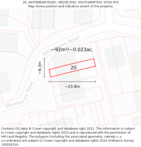 20, WHITEBEAM ROAD, HEDGE END, SOUTHAMPTON, SO30 0PZ: Plot and title map