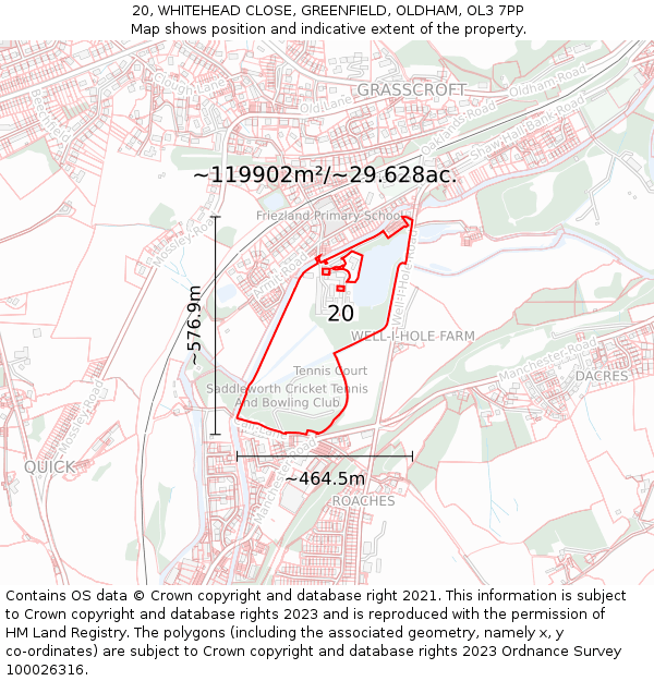 20, WHITEHEAD CLOSE, GREENFIELD, OLDHAM, OL3 7PP: Plot and title map