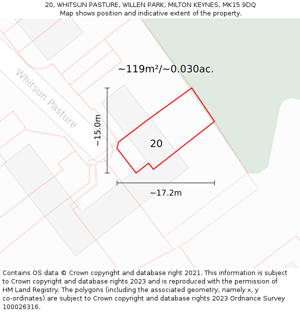 20, WHITSUN PASTURE, WILLEN PARK, MILTON KEYNES, MK15 9DQ: Plot and title map