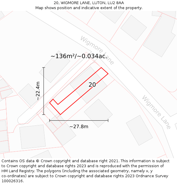 20, WIGMORE LANE, LUTON, LU2 8AA: Plot and title map