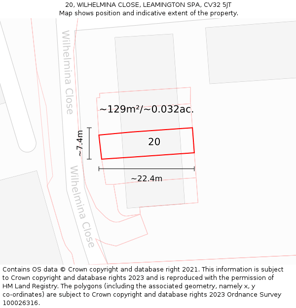 20, WILHELMINA CLOSE, LEAMINGTON SPA, CV32 5JT: Plot and title map