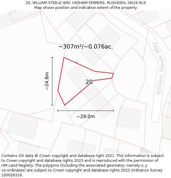 20, WILLIAM STEELE WAY, HIGHAM FERRERS, RUSHDEN, NN10 8LS: Plot and title map
