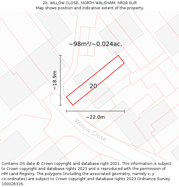 20, WILLOW CLOSE, NORTH WALSHAM, NR28 0UR: Plot and title map