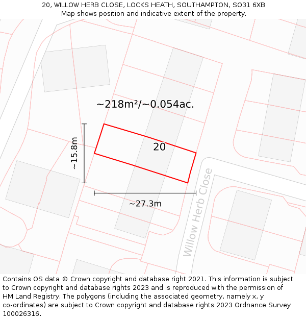 20, WILLOW HERB CLOSE, LOCKS HEATH, SOUTHAMPTON, SO31 6XB: Plot and title map