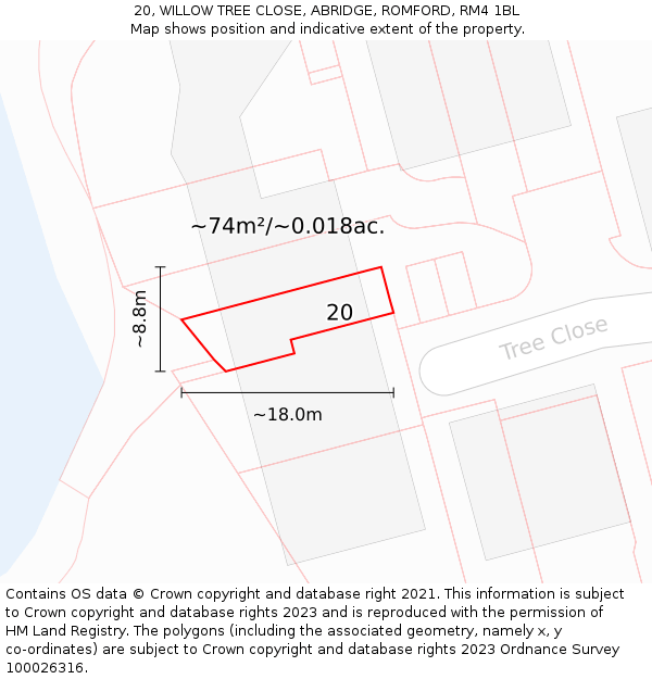 20, WILLOW TREE CLOSE, ABRIDGE, ROMFORD, RM4 1BL: Plot and title map