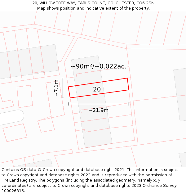 20, WILLOW TREE WAY, EARLS COLNE, COLCHESTER, CO6 2SN: Plot and title map