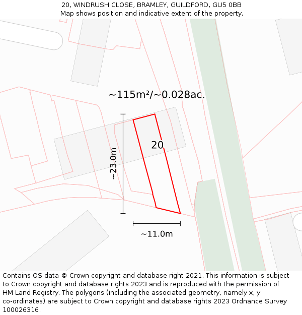 20, WINDRUSH CLOSE, BRAMLEY, GUILDFORD, GU5 0BB: Plot and title map