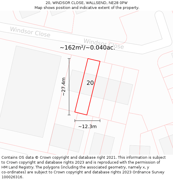 20, WINDSOR CLOSE, WALLSEND, NE28 0PW: Plot and title map