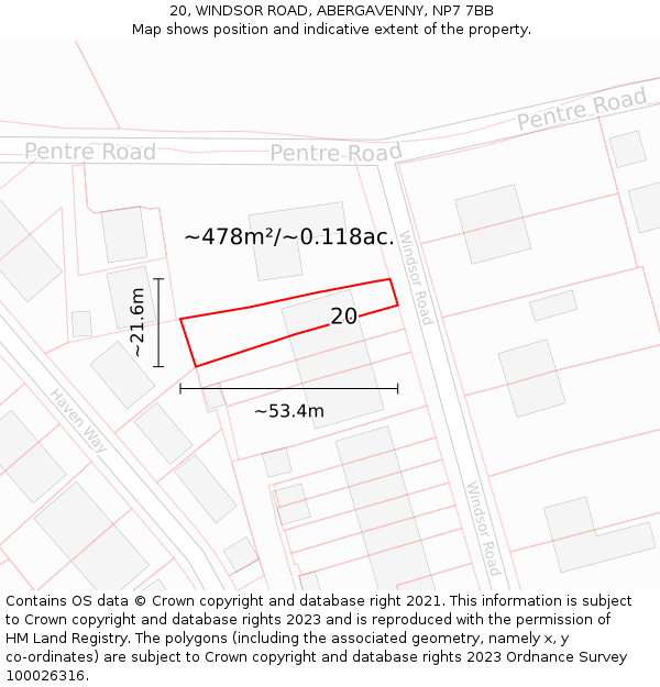 20, WINDSOR ROAD, ABERGAVENNY, NP7 7BB: Plot and title map