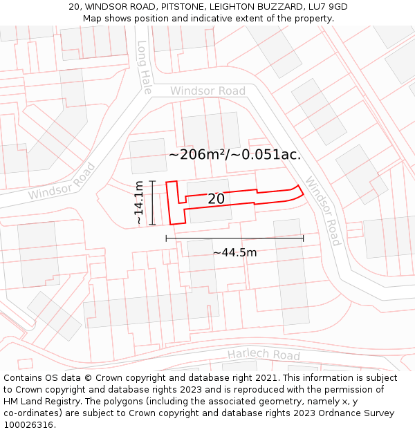20, WINDSOR ROAD, PITSTONE, LEIGHTON BUZZARD, LU7 9GD: Plot and title map