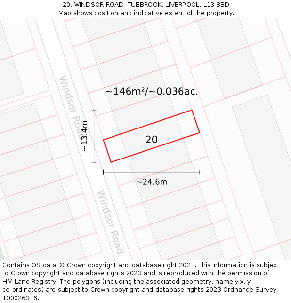 20, WINDSOR ROAD, TUEBROOK, LIVERPOOL, L13 8BD: Plot and title map