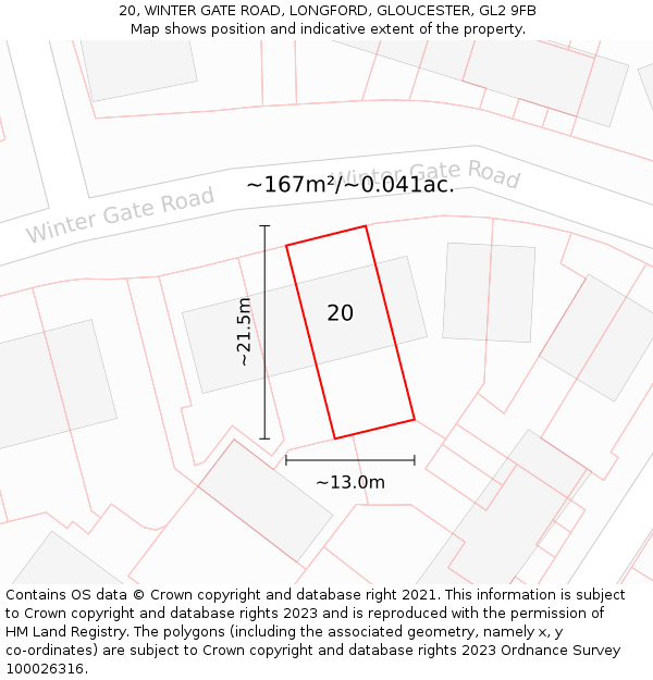 20, WINTER GATE ROAD, LONGFORD, GLOUCESTER, GL2 9FB: Plot and title map