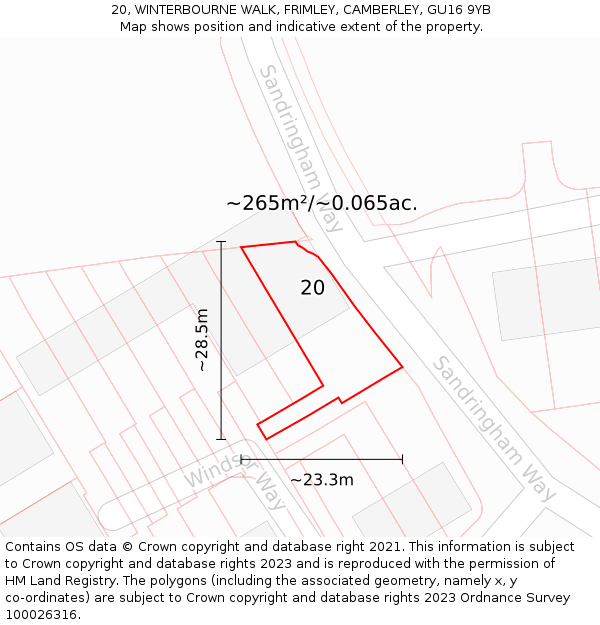 20, WINTERBOURNE WALK, FRIMLEY, CAMBERLEY, GU16 9YB: Plot and title map
