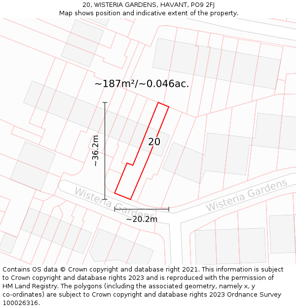 20, WISTERIA GARDENS, HAVANT, PO9 2FJ: Plot and title map