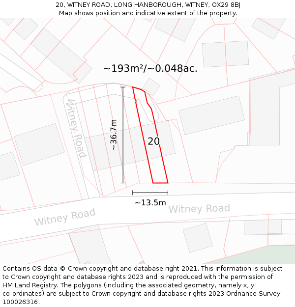 20, WITNEY ROAD, LONG HANBOROUGH, WITNEY, OX29 8BJ: Plot and title map