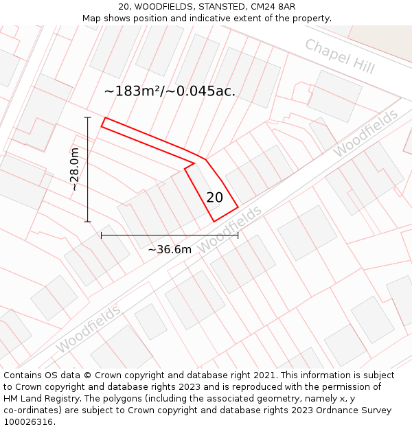 20, WOODFIELDS, STANSTED, CM24 8AR: Plot and title map