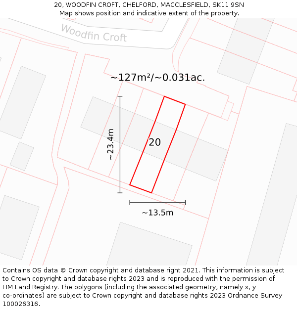 20, WOODFIN CROFT, CHELFORD, MACCLESFIELD, SK11 9SN: Plot and title map