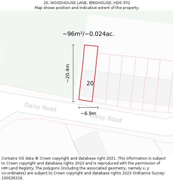 20, WOODHOUSE LANE, BRIGHOUSE, HD6 3TG: Plot and title map