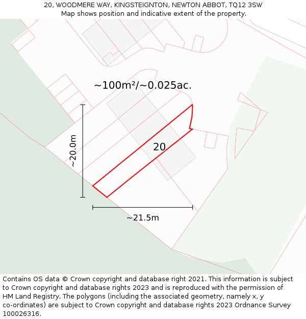 20, WOODMERE WAY, KINGSTEIGNTON, NEWTON ABBOT, TQ12 3SW: Plot and title map