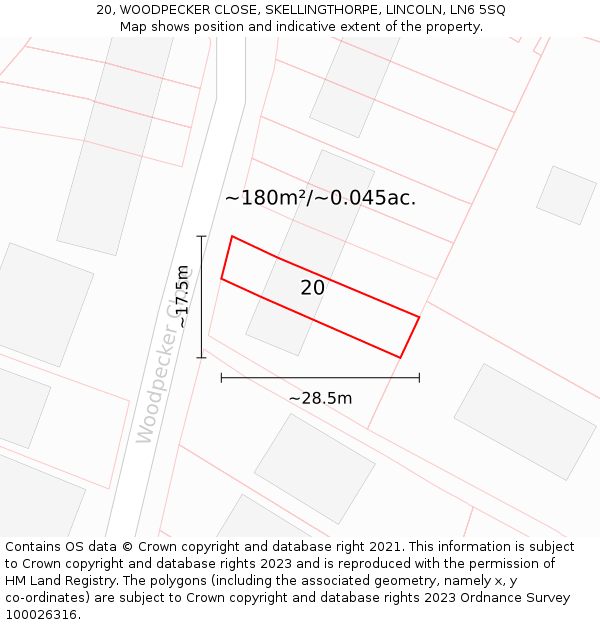 20, WOODPECKER CLOSE, SKELLINGTHORPE, LINCOLN, LN6 5SQ: Plot and title map