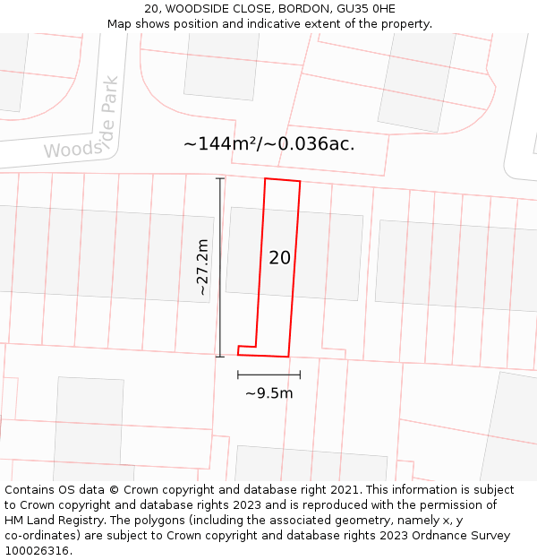 20, WOODSIDE CLOSE, BORDON, GU35 0HE: Plot and title map
