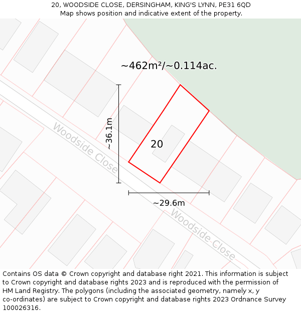 20, WOODSIDE CLOSE, DERSINGHAM, KING'S LYNN, PE31 6QD: Plot and title map