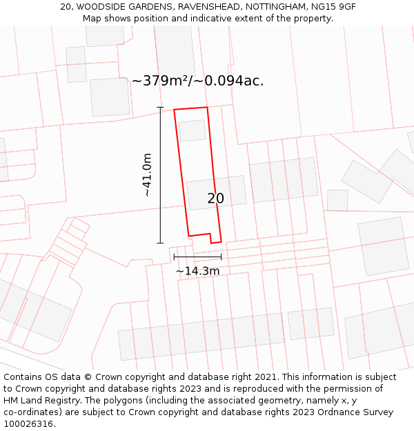 20, WOODSIDE GARDENS, RAVENSHEAD, NOTTINGHAM, NG15 9GF: Plot and title map