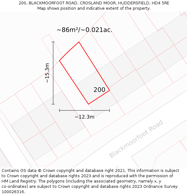 200, BLACKMOORFOOT ROAD, CROSLAND MOOR, HUDDERSFIELD, HD4 5RE: Plot and title map