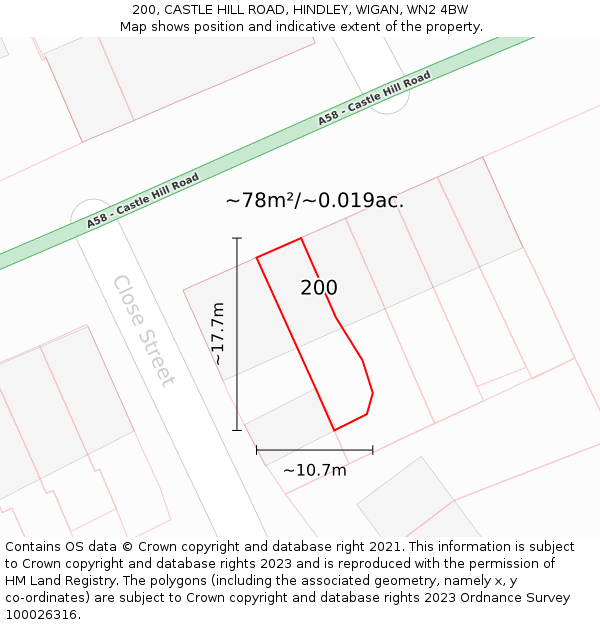 200, CASTLE HILL ROAD, HINDLEY, WIGAN, WN2 4BW: Plot and title map