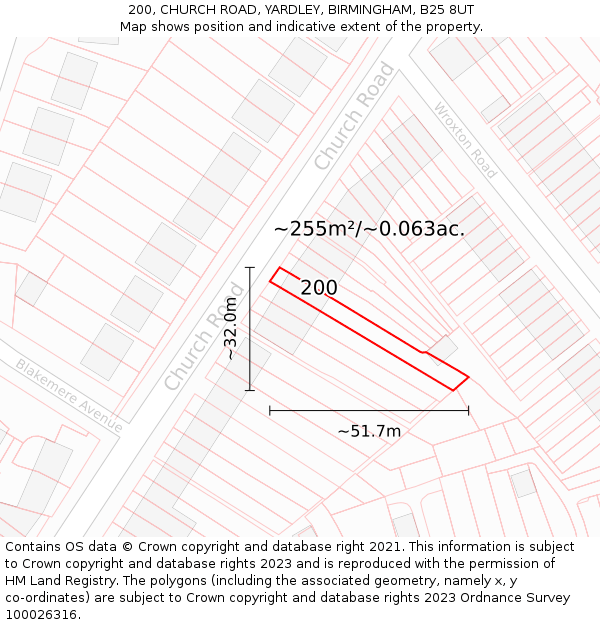 200, CHURCH ROAD, YARDLEY, BIRMINGHAM, B25 8UT: Plot and title map