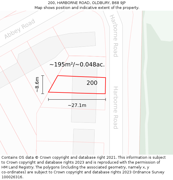 200, HARBORNE ROAD, OLDBURY, B68 9JP: Plot and title map