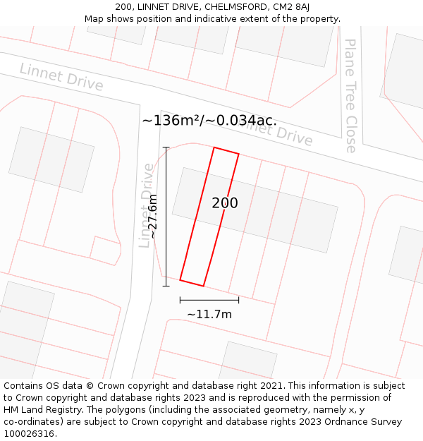 200, LINNET DRIVE, CHELMSFORD, CM2 8AJ: Plot and title map