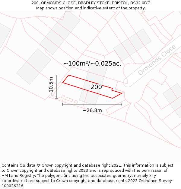 200, ORMONDS CLOSE, BRADLEY STOKE, BRISTOL, BS32 0DZ: Plot and title map