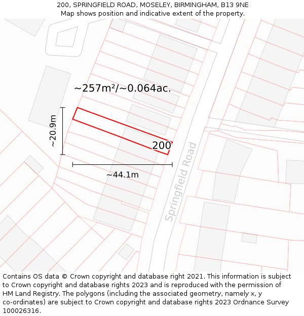 200, SPRINGFIELD ROAD, MOSELEY, BIRMINGHAM, B13 9NE: Plot and title map