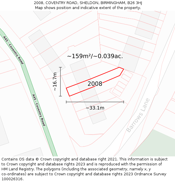2008, COVENTRY ROAD, SHELDON, BIRMINGHAM, B26 3HJ: Plot and title map