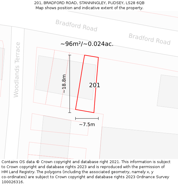 201, BRADFORD ROAD, STANNINGLEY, PUDSEY, LS28 6QB: Plot and title map