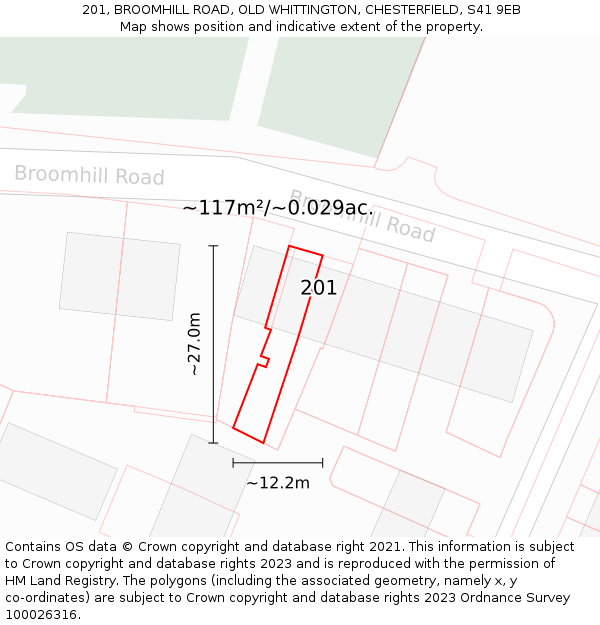 201, BROOMHILL ROAD, OLD WHITTINGTON, CHESTERFIELD, S41 9EB: Plot and title map
