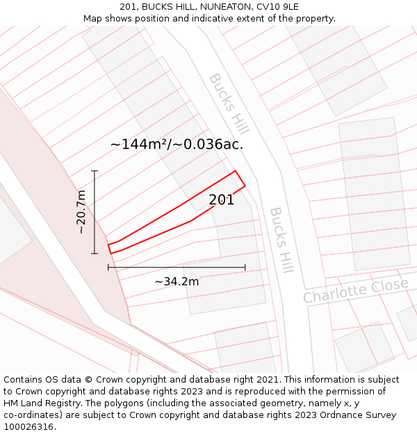 201, BUCKS HILL, NUNEATON, CV10 9LE: Plot and title map
