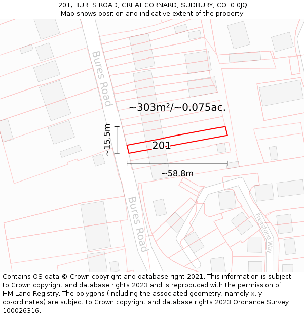 201, BURES ROAD, GREAT CORNARD, SUDBURY, CO10 0JQ: Plot and title map