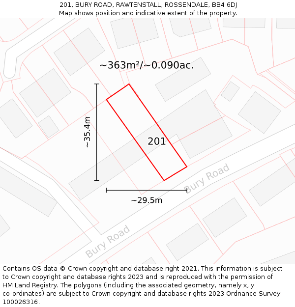 201, BURY ROAD, RAWTENSTALL, ROSSENDALE, BB4 6DJ: Plot and title map