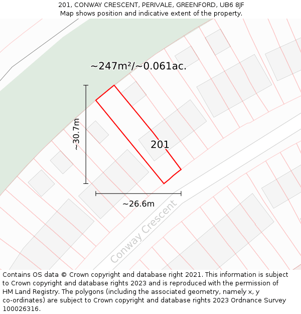 201, CONWAY CRESCENT, PERIVALE, GREENFORD, UB6 8JF: Plot and title map