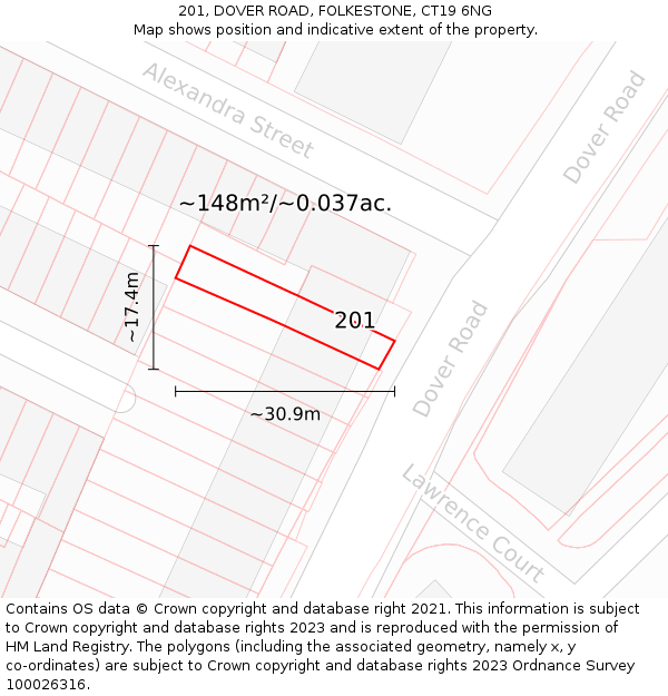 201, DOVER ROAD, FOLKESTONE, CT19 6NG: Plot and title map
