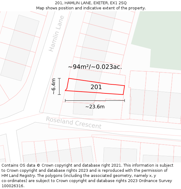 201, HAMLIN LANE, EXETER, EX1 2SQ: Plot and title map