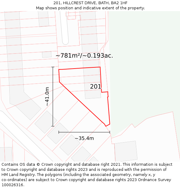 201, HILLCREST DRIVE, BATH, BA2 1HF: Plot and title map